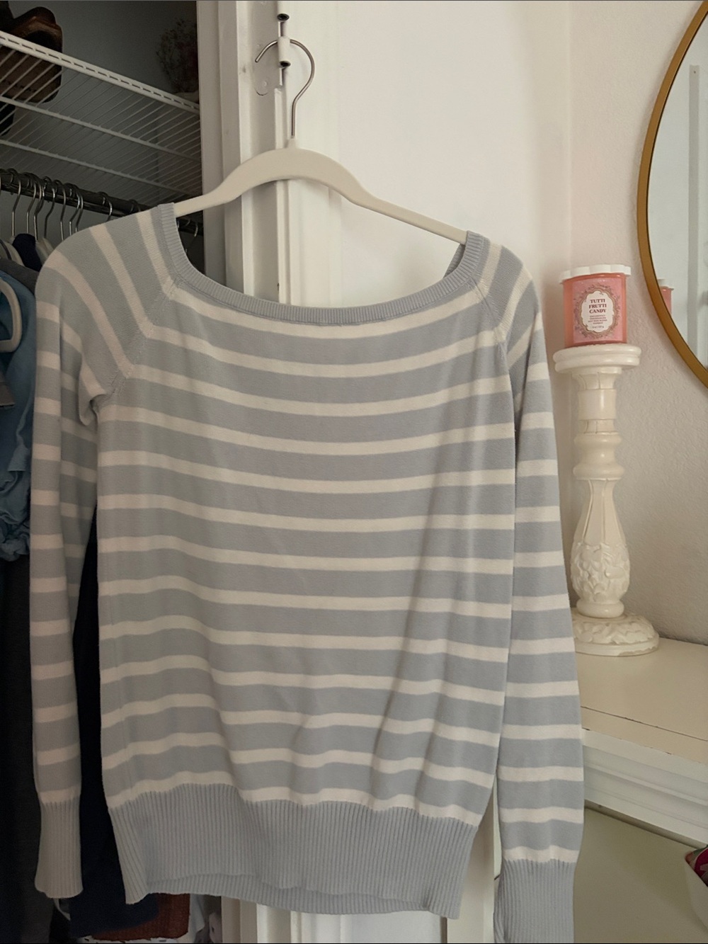 Brandy Melville Light Blue & White Striped Boatneck Sweater